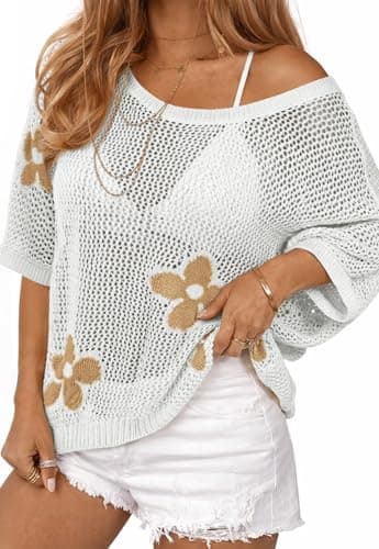 ATHMILE Womens Floral Spring Tops Summer Fashion Shirts Short Sleeve Beach Vacation Crochet Knit Sweater Lightweight Pullover White - Image 1
