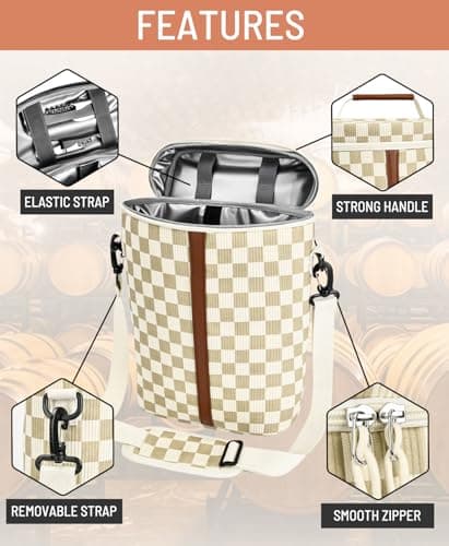 Neverwhy Insulated Wine Bag - Wine Bottle Carrier Tote Cooler Bags for Gifts Travel Picnic Beach, Khaki Checkered Pattern - 2 Bottle - Thumbnail 5