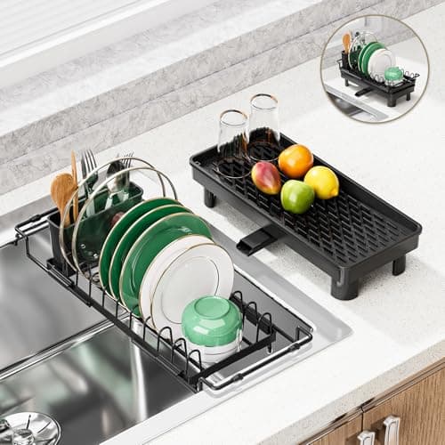 SanDream Dish Drying Rack, Small Over Sink Dish Drying Rack, Expandable Over The Sink Dish Drying Rack with Drip Tray for Kitchen Counter & in Sink - Image 1