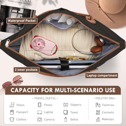 WOOMADA Weekender Overnight Bag for Women, Carry on Shoulder Travel Duffel with Shoes Compartment,Gym Bag with Toiletry Bag(black&coffee&brown) - Thumbnail 4