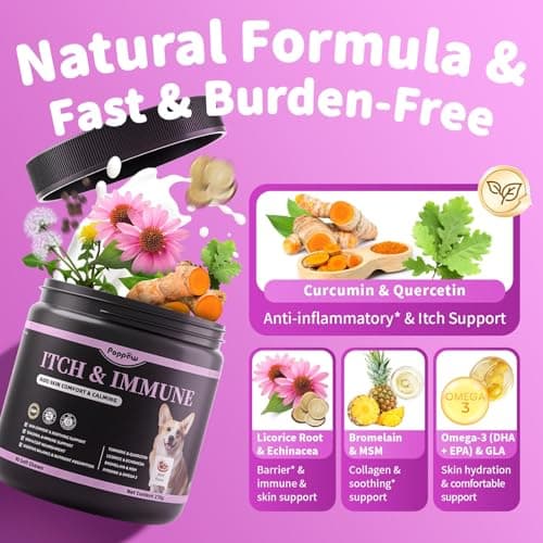 POPPAW Itch Relief for Dogs - Turmeric Supplements for Itching Skin Comfort & Coat Health & Seasonal Allergy Care, Immune Support Supplement with Omega-3 Fish Oil, Biotin - Beef Flavor - 90 Count - Thumbnail 3