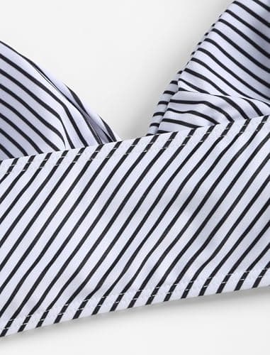 ZAFUL Women High Waisted Bikini Sets Two Piece Swimsuit Push Up Twist Front Ruched Bathing Suit Black Striped L - Thumbnail 5