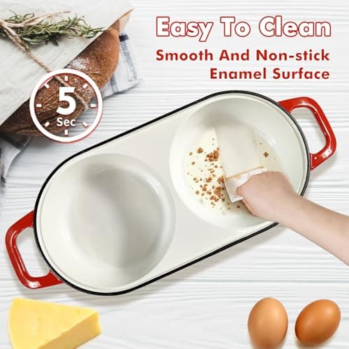 Double Loaf Dutch Oven with Lid, Enameled Cast Iron Bread Pan, Dual Compartment for Baking Sourdough Loaves, Even Heat, Non-Stick And Oven Safe 500°F, Red - Thumbnail 5