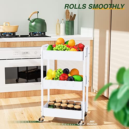 LEHOM 3 Tier Rolling Storage Cart, Metal Trolley Utility Cart with Wheels & Hooks, Easy Assembly Organizer Storage Cart for Bathroom Kitchen Office Bedroom - Thumbnail 4