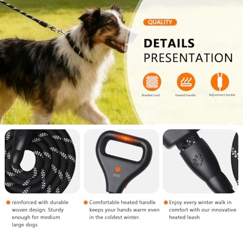 Rrechargeable Heated Dog Leash, Highly Reflective Threads Leash Rope with Rechargeable Hand Warmer for Medium Large Dogs, 1/2 inch - M - Thumbnail 5