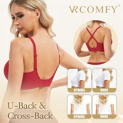 Jelly Wireless Bra for Women Deep V Push Up Seamless T-Shirt Bras Comfortable Plunge No Underwire Bra with Adjustable Straps Everyday Bras Red - Thumbnail 4