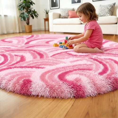Pink Fluffy Rug, Round 4ft Fuzzy Shag Area Rugs for Girls Bedroom, Cute Plush Circle Carpet for Kids Room Decor Aesthetic, Soft Shaggy Rugs for Nursery,Preppy Dorm, Classroom - Image 1