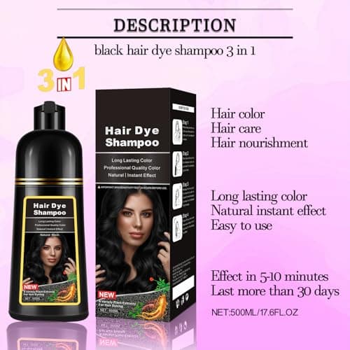 Dark Black Hair Dye Shampoo Instant 3 in 1 for Gray Hair Coverage - Herbal Formula, Semi-Permanent Hair Color in 10 Minutes, Lasts 30 Days, 100% Grey Coverage Shampoo for Men & Women (16.9 Fl Oz) - Thumbnail 4