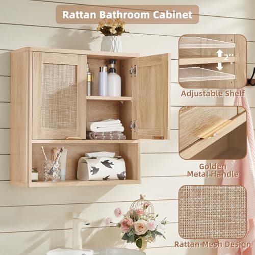 LEYAOYAO Rattan Bathroom Wall Cabinet, Boho Medicine Cabinet with Adjustable Shelf & Doors, Over The Toilet Storage Cabinets Organizer for Laundry Room, Kitchen, Living Room, Natural - Thumbnail 3