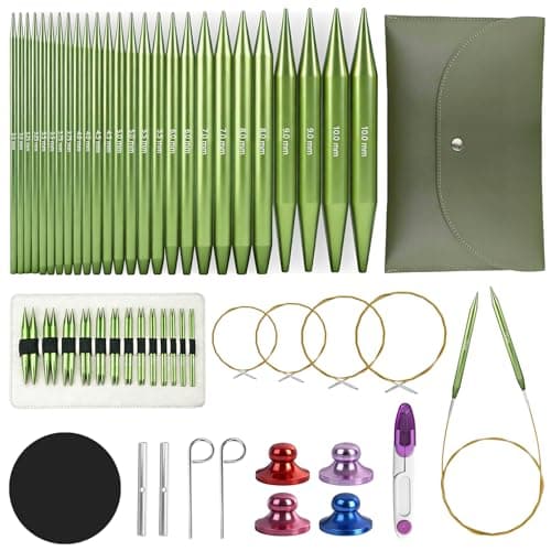Knitting Needles Set, 13 Pairs Aluminum Interchangeable Circular Knitting Needles Set 4 Inch with 4 Cables, Accessories and Storage Bag for Multiple Knitting Projects Green - Image 1
