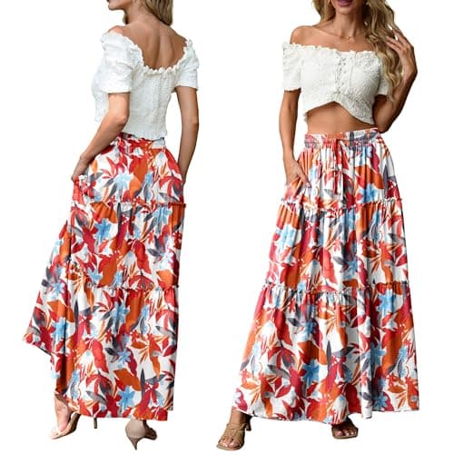 Lepunuo Summer Skirts Womens Casual High Waisted Flowy Skirts Trendy Floral Cute Long Skirts with Pockets - Thumbnail 5