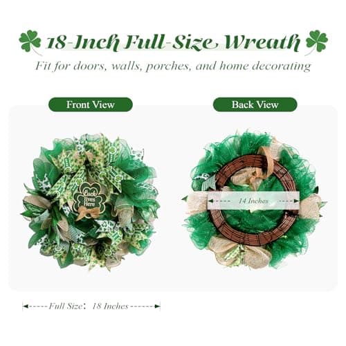 Presentastic 18 Inch St. Patrick's Day Decorations Wreath, Handcrafted Shamrock Wreath for Front Door with Light, Clover Artificial Design, Lucky Irish Porch Decor, Wall, Entry, Party Holiday Display - Thumbnail 6