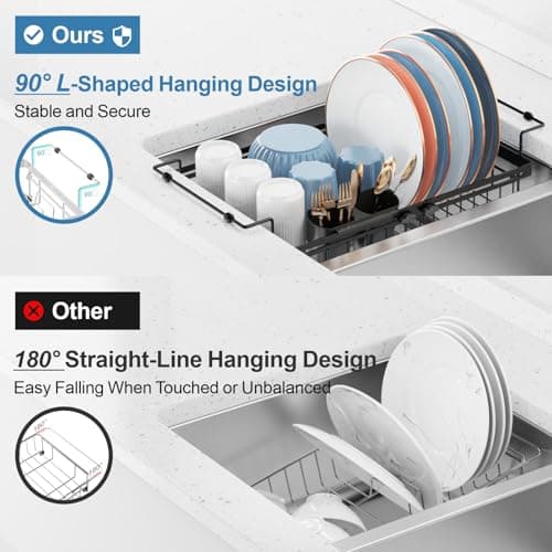 iSPECLE Expandable in Sink Dish Drying Rack with Cup Holder - Rust Resistant Adjustable Over The Sink Dish Drainer with Tightening Knob, Arms with Non Slip Rubber, Fits Sink 12.4"-17.1", Black - Thumbnail 6