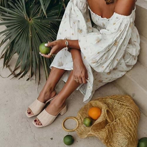 Ancomafio Women's Heeled Sandals Raffia Sandals Square Open Toe Heels Backless Mules Slip On Block Heels Beige Size 8 - Thumbnail 4