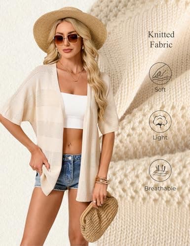 GRACE KARIN Crochet Cardigans Sweater for Women Lightweight Short Sleeve Knit Kimono Open Front Boho Swimsuit Cover Up Apricot - Thumbnail 5
