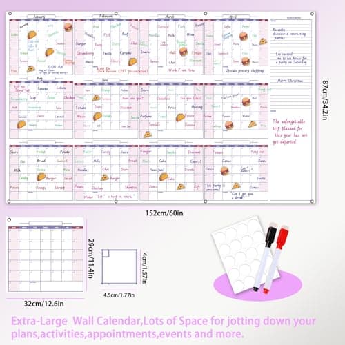 Large Dry Erase Calendar for Wall - 12-Month Undated Wall Calendar Dry Erase, 34" x 60", Reusable Yearly Calendar with Two Markers, Great Layout Dry Erase Wall Calendar for Home School or Office - Thumbnail 3
