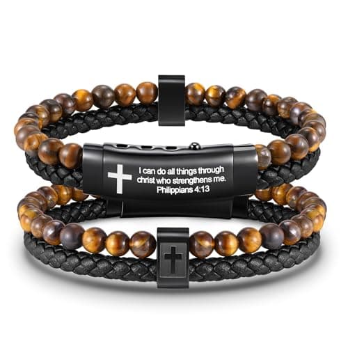 FLHEART Men's Christian Cross Black Leather Bracelet Gifts for Men, Double-Row Braided Leather Cross Bracelet Bible Verse Agate Onyx Beaded Bangle Gifts for Son Grandson Husband Boyfriend Brother - Image 1