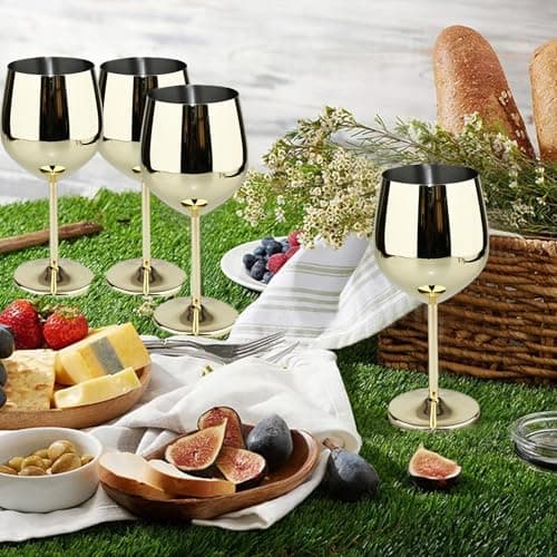 TJ Wine Glasses Stainless Steel Set of 4, Unbreakable Wine Glass 17oz, Wine Accessories Cool Wine Glass, Wine Goblets for Outdoor, Travel, House Warming, Valentines, Anniversary, Gold - Thumbnail 4