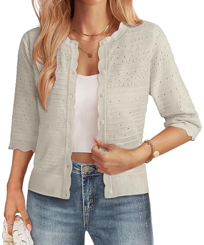 GRACE KARIN 3/4 Sleeve Cardigan Sweaters for Women Button Down Lightweight Summer Cardigan Open Front Crop Jacket Beige XL - Image 1
