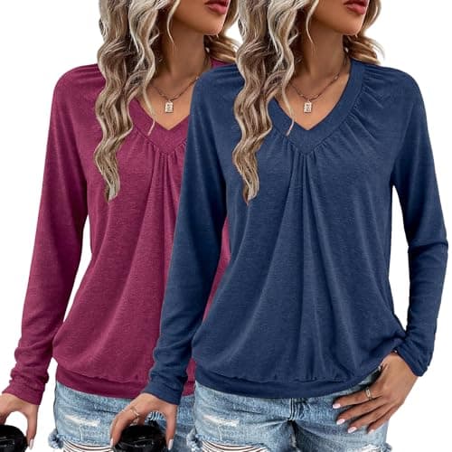 AIZHINENG 2 Pack Women Tops Long Sleeve Shirts V Neck Loose Fit Soft Casual Solid Color T-Shirts Fall Clothing - Image 1