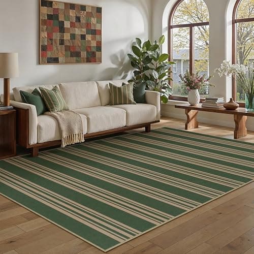 PureCozy Striped Easy Jute Rug 5x7 Green Living Room Carpet Washable Non Slip Bedroom Office Rug Farmhouse Neutral Non Shedding Indoor Outdoor Large Carpet for Kitchen Dining Room