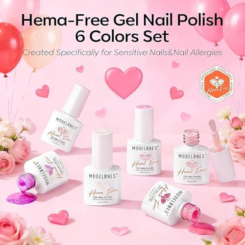 modelones Pink Gel Nail Polish Set,Hema-Free Light Pink White Hot Pink Gel Polish Kit Magenta Purple Shimmer LED 6 Colors 2026 Spring Easter Nail Art Gift Salon DIY Starter Kit - Thumbnail 2