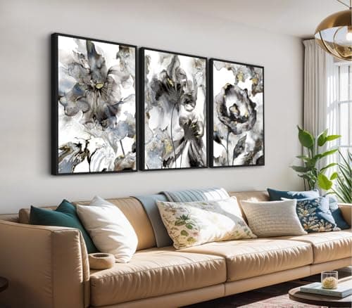 Large Abstract Flowers Wall Art - Float Framed Floral Wall Pictures Black and White Modern Aesthetic Blossom Artwork Prints Artwork for Living Room Bedroom Office Home Decor 24" X 36" X 3 Panels - Image 1