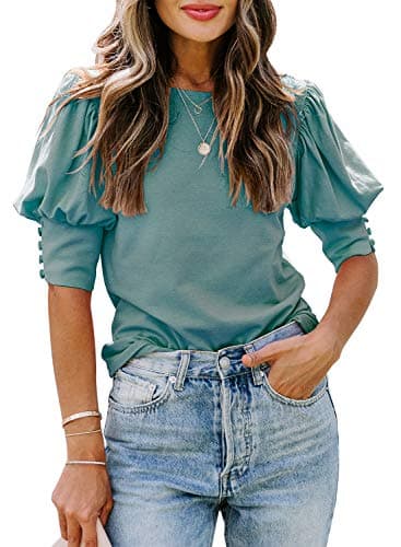 DOROSE Womens Tops Women Blouses Short Sleeve Shirts Puff Sleeve (Medium, Green) - Image 1