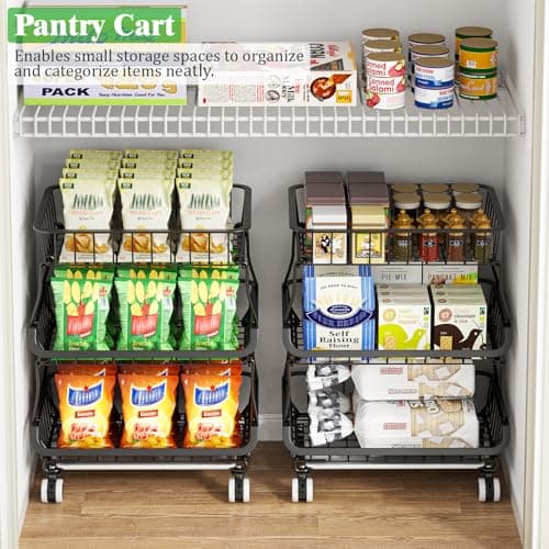 MJIMKE 3-Tier Rolling Cart with Wheels - Stackable Wire Baskets for Pantry Organization and Kitchen Storage, Floor & Countertop Fruit Organizers Vegetable Rack for Coffee Snack Onion Potato, Metal - Thumbnail 4