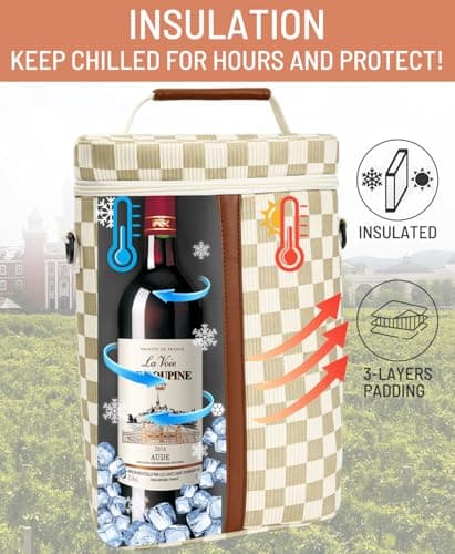 Neverwhy Insulated Wine Bag - Wine Bottle Carrier Tote Cooler Bags for Gifts Travel Picnic Beach, Khaki Checkered Pattern - 2 Bottle - Thumbnail 3
