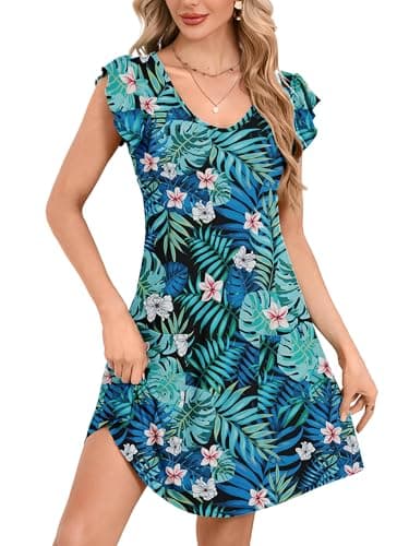 DEARCASE Womens Summer T-Shirt Dresses V Neck Elegant Classy Ruffle Sleeve A-line Tunic Dress 2026 with Pockets Floral Black Blue-Green Tropical Leaves Small - Image 1