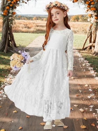 ALLOVIN Toddler & Girls Long Sleeve Lace Flower Girl Dress Maxi Boho A-Line Dress for Wedding Baptism 1st Communion | White | 8-9Y - Thumbnail 3