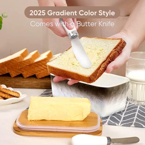 GLAVIONIX Butter Dish with Lid, 6.5" Large Butter Container for Countertop, Ceramic Brown Butter Keeper Container with Knife, Bamboo Cover and High-Quality Silicone Sealing for Home Decor - Thumbnail 2