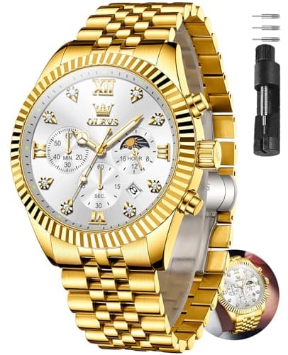 OLEVS Gold Watches for Men Luxury Large Dial Chronograph Gold Man Watch Waterproof Diamond Analog Quartz Nice Dress Watches Roman Numerals Relojes para Hombres