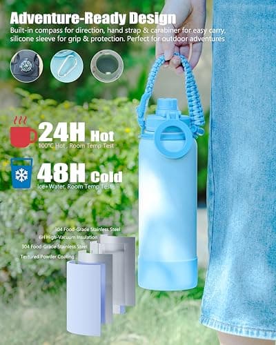 avodvo 24 oz Insulated Water Bottle with 2 Lids (2-in-1 Straw & Spout Lid, Magnetic Lid), Slim Water Bottle with Strap, Stainless Steel Water Bottle for Hiking, Gym, Travel, BPA-Free, Yellow - Thumbnail 6