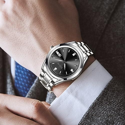 Taxau Black Watch Fancy Luxury Big Dial Men's Watch Classic Designer Casual Dress Silver Stainless Steel Waterproof Watches for Men Day Simple Easy Read Analog Quartz Mens Watches Relojes De Hombre - Thumbnail 2