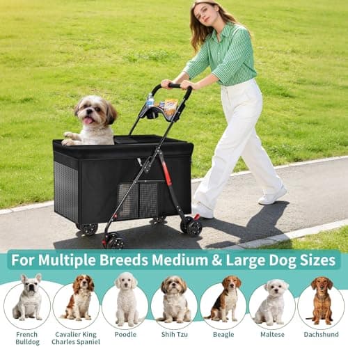 Medium Dog Stroller for Large Dogs, Pet Stroller for Medium Dogs Up to 100lbs, All-Terrain with Handle & Canopy, Storage Organizer, Waterproof Oxford Fiber Black - Thumbnail 3