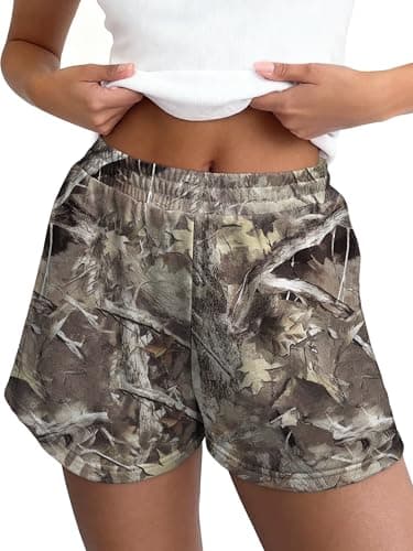 LOGENE Camo Sweat Shorts for Women Casual Elastic High Waist Comfy 2026 Summer Lounge Athletic Sweatpant Shorts with Pockets Brown MapleLeaf Large - Image 1