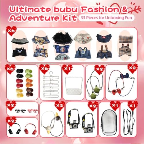 33 Pack Compatible for Labubu Clothes Outfits,Premium Labubu Accessories Case Shoes for 17cm Dolls,Labubu Birthday Party Decoration- Includes 6-Pack Doll Clothes Sets,Camera,Sunglasses (Cool, 17cm) - Thumbnail 2