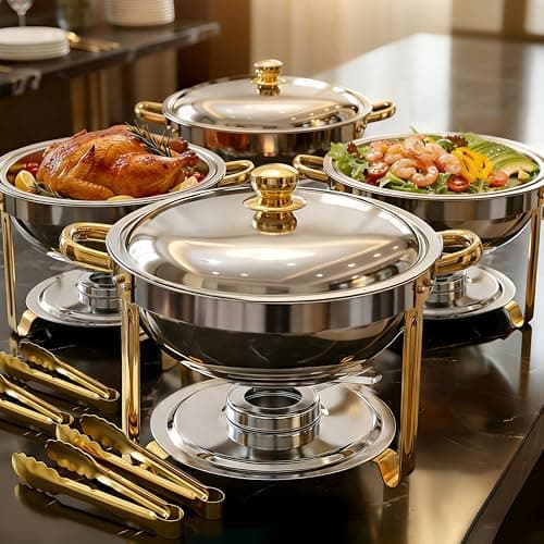 POWERFUEL Chafing Dishes for Buffet 4 Pack, 6QT Round Chafing Dish Buffet Set for Parties, Gold Stainless Steel Buffet Servers and Warmers with 4 Serving Tongs, Food Warmers for Christmas Gatherings