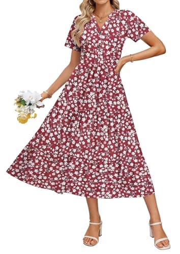 MOLERANI Women 2026 Summer Casual Midi Dress Button Short Sleeve V Neck Tiered Flowy Swing A Line Dresses with Pockets Floral Beach Vacation,RD S Floral,XL - Image 1