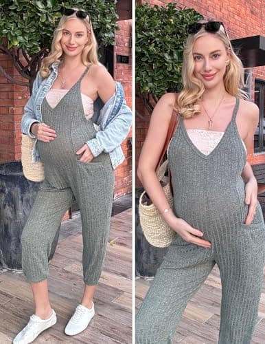 Ekouaer Jumpsuits for Women Sleeveless Spaghetti Strap Ribbed Overall Jumpsuit V Neck Summer Romper with Pockets 2026 Deep Blue M - Thumbnail 6