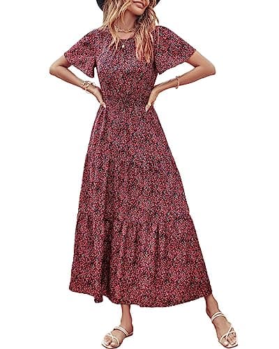 PRETTYGARDEN Women's Summer Casual Short Flutter Sleeve Round Neck Smocked Waist Tiered Boho Floral Flowy Maxi Dress(Floral Black and Red,X-Large) - Image 1