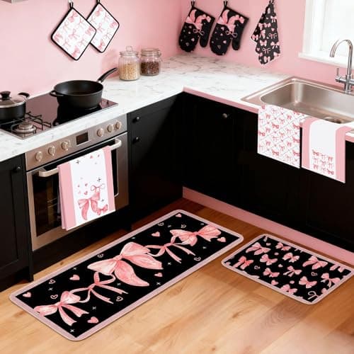 Vetoxka 10 Pcs Cute Pink Bow Kitchen Decor and Accessories - Valentines Day Sets 4 Dish Towels 2 Pot Holders 2 Oven Mitts 2 Rugs for Kitchen Bathroom Home Cooking Housewarming Baking Daughter Mom Gift - Thumbnail 2