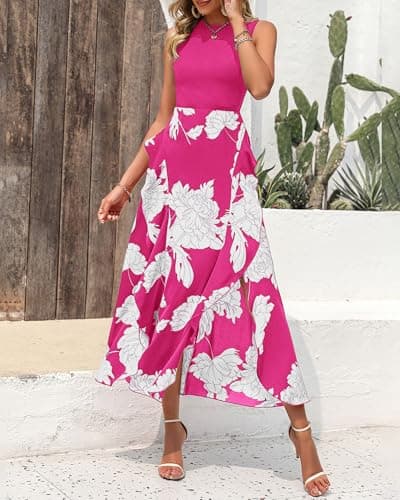 BTFBM Women Casual Sleeveless Summer Dresses 2026 Spring Crewneck Patchwork Boho Floral Ruffle Cocktail Party Midi Dress(Big Floral White Rose Red, Small) - Thumbnail 2