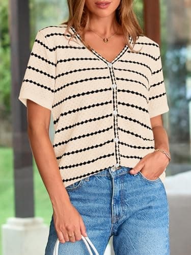 NALANISA Women's Summer Button Down Striped Shirts Casual Short Sleeve V Neck Crochet Knit Blouse Tops Lightweight Cardigans (Apricot,XXL) - Thumbnail 4
