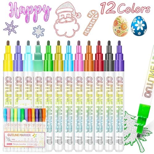 JZILU Double Line Outline Markers, 12 Colors Glitter Metallic Gel Pens Set, Easter Basket Stuffers For Teen Girls Kids, Art Supplies For Kids 9-12, 4-12 Year Old Girl Birthday Gifts - Image 1