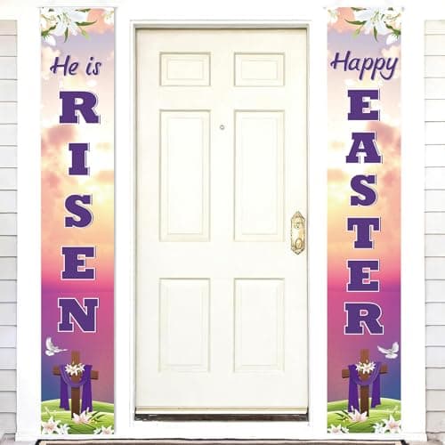 Lednica Happy Easter Banner for Front Door, 72×12'' He is Risen Porch Welcome Banners, Christian Religious Decor with Cross Dove Lily Hanging Decorations for Home Party Wall Indoor Outdoor, Church Supplies - Image 1