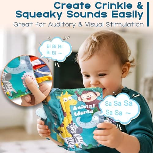 KIDS KING Soft Book Toys for Babies 0-18 Months, 2PCS Crinkle Cloth Books – Animals and Ocean Themes, Tails Sensory Book with Rings for Hang, Montessori Early Learning Infant Toy for 0-6-12-18 Month - Thumbnail 2