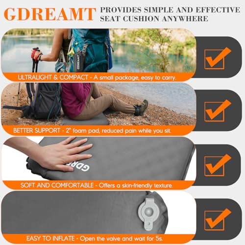 GDREAMT Inflatable Seat Cushion, Self-Inflating Memory Foam Stadium Seats Cushion Portable Camping Air-Foam Sitting Pad for Travel Airplane Car Bleachers Backpacking Office, Lightweight & Compact - Thumbnail 6